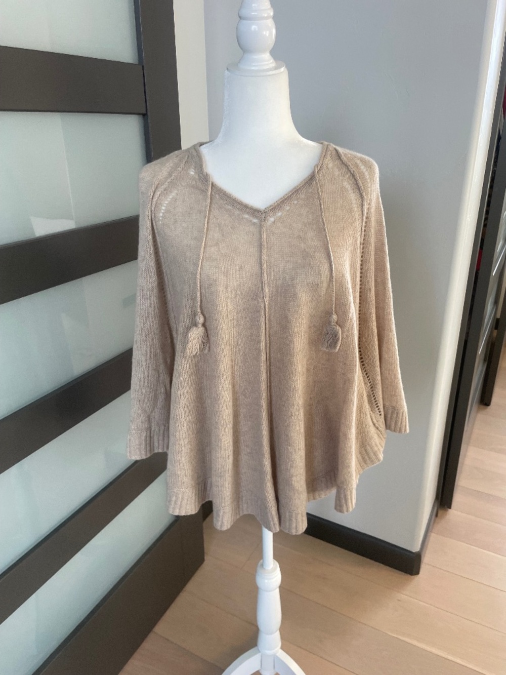 Calypso St Barth 100% Cashmere Tassel Tie Poncho Sweater Taupe Tan S